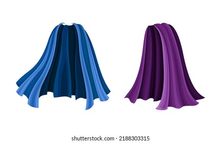 Blue and purple capes set. Silk flying cloak cartoon vector illustration