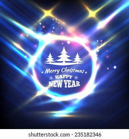 Blue and purple Christmas card. Abstract striped background with light effects. Vector illustration. Badge