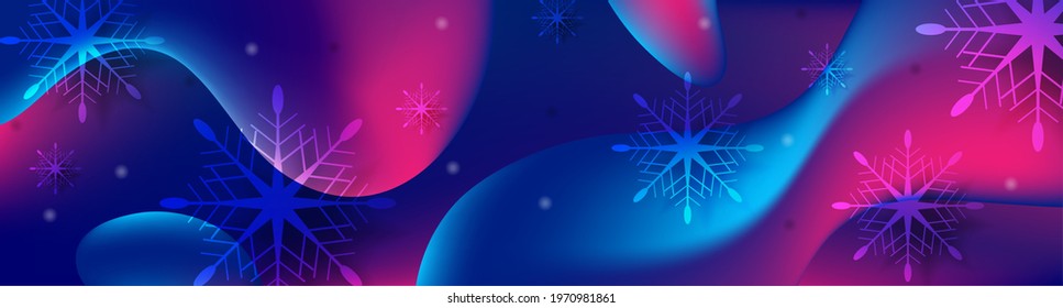 Blue and purple Christmas snowflakes background with liquid wavy shapes. Vector banner design