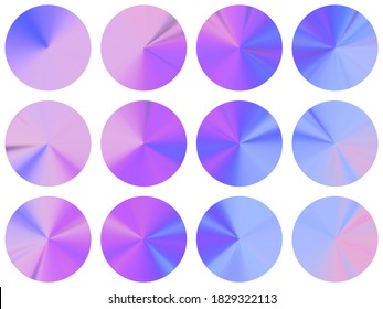 Blue purple circular metallic gradient ui button elements vector set. Polished modern medal shapes. Banner metal gradient texture templates. Icon backgrounds graphic design.