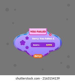 Blue Purple Cloud Shape  Pop Window You Failed With Stars And lines GUI Cute Colorful Cartoon Vector Design