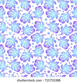 Blue and purple color feather seamless pattern.  Winter decoration vector wallpaper graphics with white background.