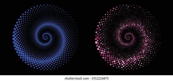 Blue and Purple colors spiral with 
halftone dots over black background.