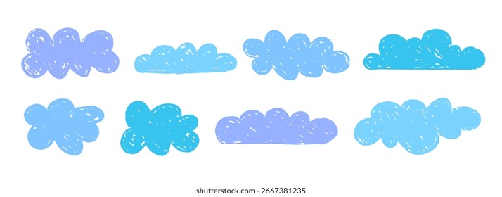 Coleção de formas de nuvem de giz de cera azul e roxo. Conjunto de rabiscos desenhado à mão. Nuvens ásperas rabiscadas empacotam. Pacote de elemento de esboço texturizado infantil para faixa, cartaz, colagem, adesivo. Vetor