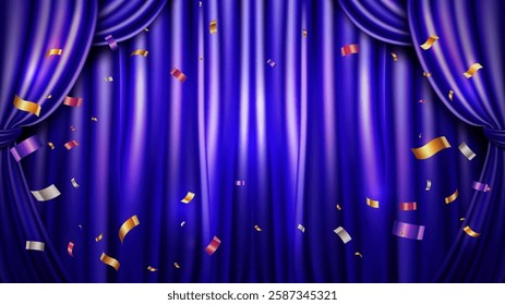 Blue purple curtain vector background with confetti