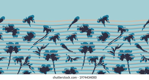 Blue and purple decorative flower silhouette  with hand drawn stripes. Elegant seamless vector pattern horizontal Border for home and fashion fabrics, decorations and wallpaper.