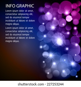 Blue purple Defocused Light, Flickering Lights, Vector abstract festive background with bokeh defocused lights. text box. card. Brochure. 