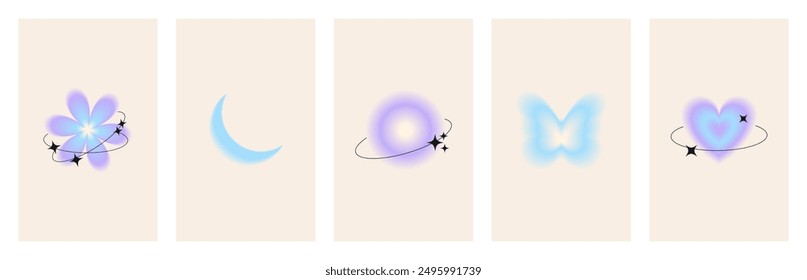 Blue and purple design elements with blurry y2k gradient on pastel background. Aesthetic aura posters with flower, moon, heart, planet in 2000s. Vector   