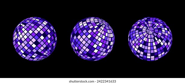 Blue purple disco ball set. Collection of wireframe spheres in different angles. Grid globe or checkered ball bundle. Glowing mirrorball element pack for poster, banner, music cover, party. Vector