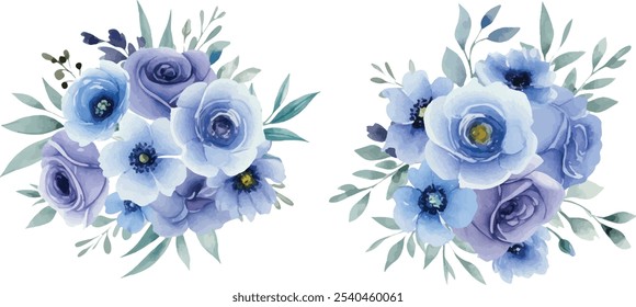 Blue Purple Floral Arrangement Watercolor Illustration