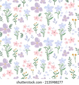 Blue purple floral botanical pattern and seamless background illustration. Spring cute wild flower fresh background. svg