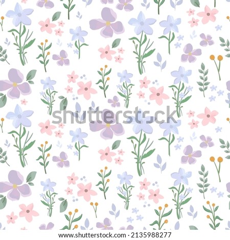 Blue purple floral botanical pattern and seamless background illustration. Spring cute wild flower fresh background.