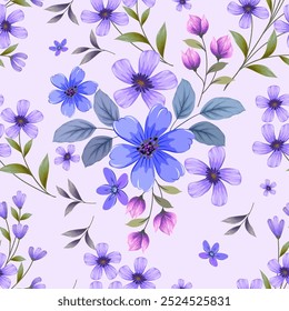 Blue and purple flowers on white color background seamless pattern for fabric textile wallpaper fashion print wrapping paper.