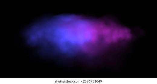 Blue purple fog or smoke cloud on black background. Gas cloud, smoky mist, toxic vapor, meteorological phenomenon, condensation over land or water surface. Abstract vector illustration.