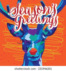 Blue and Purple Geometric Reindeer Christmas Illustration on Orange background with Seasons Greetings Text