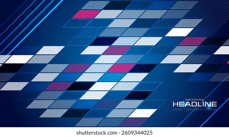 Blue and purple geometric shapes tech abstract background with neon lines. Vector design