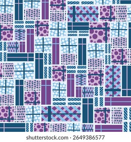 Padrão sem costura de grade de caixa de presente azul e roxo. Perfeito para arte e artesanato, papel digital, impressão de tecido, impressão têxtil, embalagem, scrapbooking, papel presente, fundo e muito mais.
