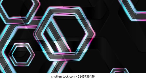 Blue and purple glossy hexagons abstract geometric concept background. Vector design