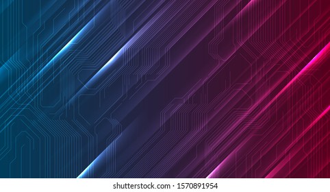 Blue and purple glowing background with circuit board chip lines. Futuristic abstract vector design