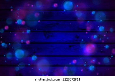 Blue and purple glowing bokeh lights on dark wooden wall abstract background. Vector neon design