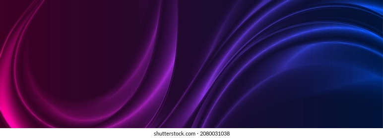 Blue and purple glowing glossy waves abstract background. Vector banner design