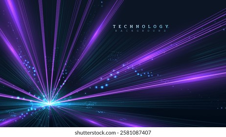 Blue and purple glowing line effect rushing into the center with constellations, universe background design concept, futuristic technology backdrop.