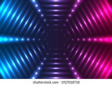 Blue purple glowing neon tech hexagons abstract background. Vector design