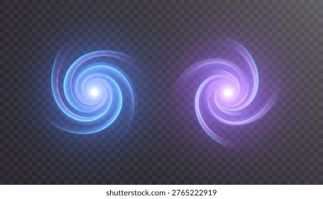 Blue and purple glowing spiral vortex light effect on transparent background with bright core, soft luminous halo and smooth circular motion. Vector illustration.