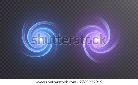 Blue and purple glowing spiral vortex light effect on transparent background with bright core, soft luminous halo and smooth circular motion. Vector illustration.