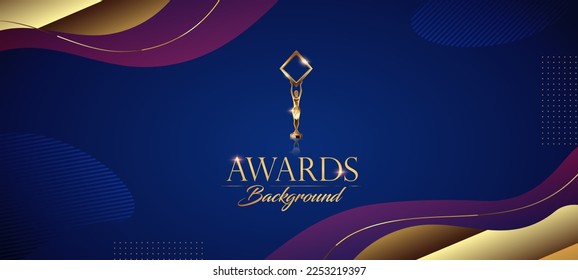 Blue Purple Golden Royal Awards Graphics Background. Line Wave Elegant Shine Modern Template.   Sleek Shape Luxury Premium Corporate Template. Classy Abstract Certificate Banner Dynamic Design.