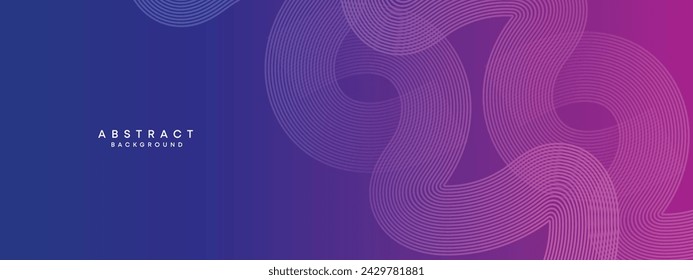 Blaue, lila Gradient abstrakte wellenförmige Kreise Linien Technologie Web-Banner Hintergrund. Modernes Magenta, rosa Farbverlauf mit glänzenden Linien und glänzender geometrischer Diagonalform für Broschüre, Cover, Header