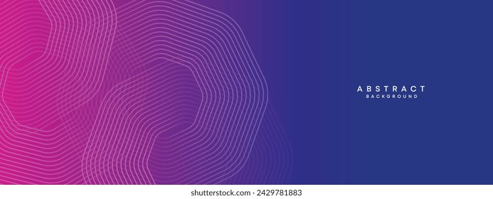 Blaue, lila Gradient abstrakte wellenförmige Kreise Linien Technologie Web-Banner Hintergrund. Modernes Magenta, rosa Farbverlauf mit glänzenden Linien und glänzender geometrischer Diagonalform für Broschüre, Cover, Header