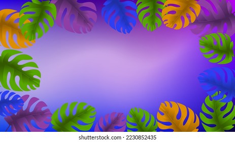 Blue purple gradient mesh decorated with colourfull tropical leaves , nice for wallpaper ,banner, or greatting card