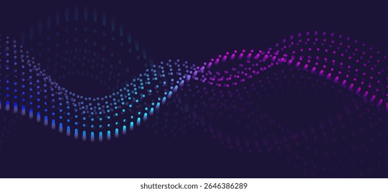 A blue and purple graphic showing a digital signal wave or series of small dots arranged in a curved wave pattern on a black background, giving a sense of movement and modern technology.