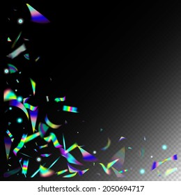 Blue, Purple, Green Celebration Background. Metal Transparent Falling Particles. Falling Hologram Confetti. Holo Glitch Effect Rainbow Tinsel.  Gradient Overlay Neon Foil Tinsel. Rainbow Tinsel.
