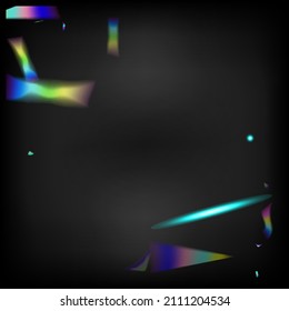 Blue, Purple, Green Celebration Background. Holo Glitch Effect Rainbow Lights.  Gradient Overlay Neon Foil Tinsel. Metal Transparent Falling Particles. Rainbow Tinsel. Falling Hologram Confetti.