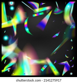 Blue, Purple, Green Celebration Background.  Gradient Overlay Neon Foil Tinsel. Metal Transparent Falling Particles. Holo Glam Effect Rainbow Tinsel. Rainbow Tinsel. Falling Holograph Confetti.