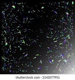 Blue, Purple, Green Celebration Background. Flying Hologram Confetti. Rainbow Tinsel. Metal Transparent Falling Particles.  Gradient Overlay Glare Foil Tinsel. Holo Glitch Effect Rainbow Lights.