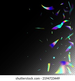 Blue, Purple, Green Celebration Background. Falling Holograph Confetti.  Gradient Overlay Neon Foil Tinsel. Holo Glam Effect Rainbow Lights. Silver Transparent Falling Particles. Rainbow Tinsel.