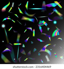 Blue, Purple, Green Celebration Background.  Gradient Overlay Vivid Foil Tinsel. Rainbow Tinsel. Gold Transparent Falling Particles. Flying Hologram Confetti. Holo Glam Effect Rainbow Lights.