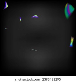 Blue, Purple, Green Celebration Background. Gold Transparent Falling Particles. Rainbow Tinsel.  Gradient Overlay Neon Foil Tinsel. Holo Glitch Effect Rainbow Tinsel. Falling Hologram Confetti.
