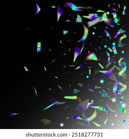 Blue, Purple, Green Celebration Background. Rainbow Tinsel. Holo Glitch Effect Rainbow Bokeh. Flying Holograph Confetti. Metal Transparent Falling Particles.  Gradient Overlay Vivid Foil Tinsel.