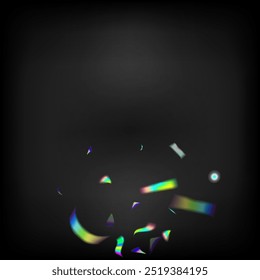 Blue, Purple, Green Celebration Background. Rainbow Tinsel. Flying Holograph Confetti. Metal Transparent Falling Particles. Holo Glam Effect Rainbow Lights.  Gradient Overlay Glare Foil Tinsel.