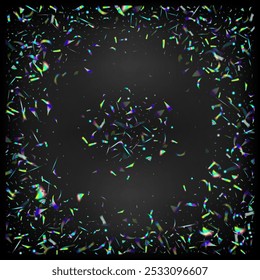 Blue, Purple, Green Celebration Background. Holo Glitch Effect Rainbow Lights. Rainbow Tinsel. Silver Transparent Falling Particles. Falling Holograph Confetti.  Gradient Overlay Neon Foil Tinsel.