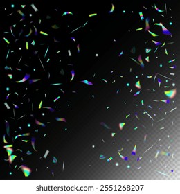 Blue, Purple, Green Celebration Background. Rainbow Tinsel.  Gradient Overlay Neon Foil Tinsel. Metal Transparent Falling Particles. Holo Glitch Effect Rainbow Lights. Flying Hologram Confetti.