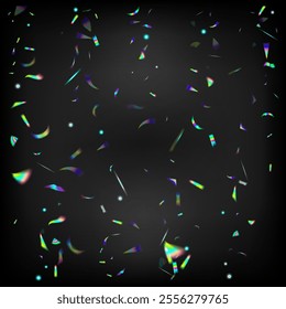 Blue, Purple, Green Celebration Background. Rainbow Tinsel. Flying Hologram Confetti. Silver Transparent Falling Particles.  Gradient Overlay Vivid Foil Tinsel. Holo Glam Effect Rainbow Tinsel.