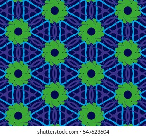 blue, purple, green objects on a blue background . Beautiful seamless pattern for your design. Vector illustration