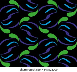 blue, purple, green objects on a green background . Beautiful seamless pattern for your design. Vector illustration