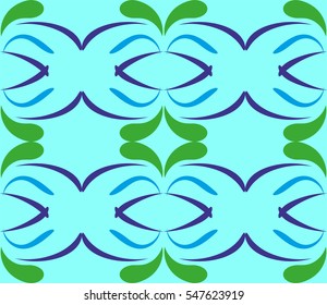 blue, purple, green objects on a green background . Beautiful seamless pattern for your design. Vector illustration