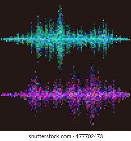 Blue & purple halftone square elements. Vector sound waves. Music rock waveform background. You can use in club, radio, pub, party, concerts, recitals or the audio technology advertising background. 